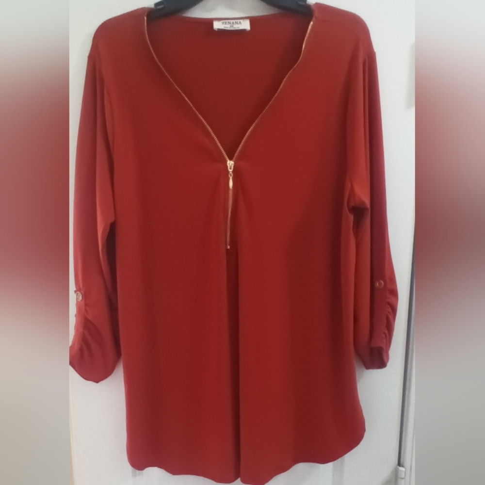 Burnt orange half zip front 3/4 sleeve top